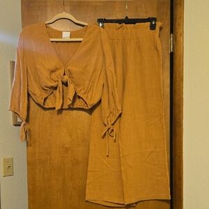 Tie-Front Top and Wide-Leg Pants Set